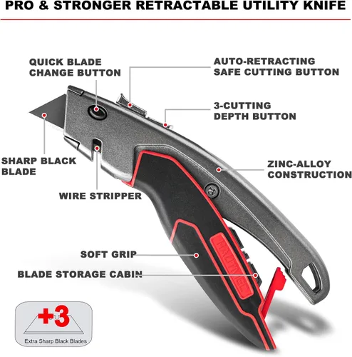 Miniatura 2 de HAUTMEC Cortador de caja de alta resistencia retráctil, cuchillo utilitario 2 en 1 con sistema de bloqueo automático y 3 posiciones, almacenamiento