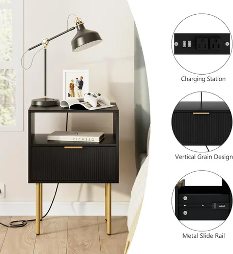 Miniatura 7 de Aienvey Mesita de noche con estación de carga, mesa auxiliar pequeña, mesita de noche moderna con cajones, mesita de noche para dormitorio, mesa
