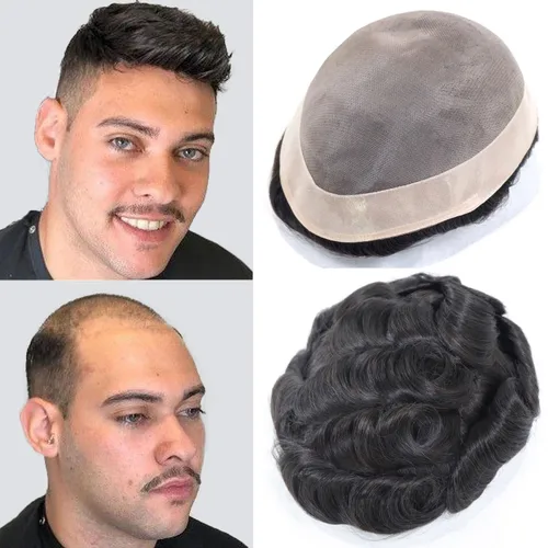 HAPPY&CC Toupee - Piezas de cabello para hombre, sistema europeo de reemplazo de cabello humano de 10 x 8, base mono soldada fina con NPU alrededor
