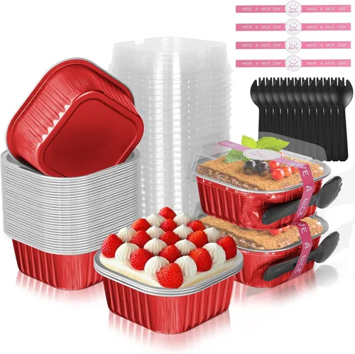 Miniatura 8 de Mini moldes para pasteles de 10 oz con tapas, paquete de 40 moldes de papel de aluminio para brownies, moldes desechables tipo ramekins para Dorado