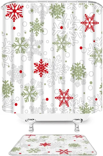 Miniatura 29 de Juego de 4 cortinas de ducha de muñeco de nieve con alfombra, diseño de árbol de pinos de invierno, lindo muñeco de nieve azul, juego de baño