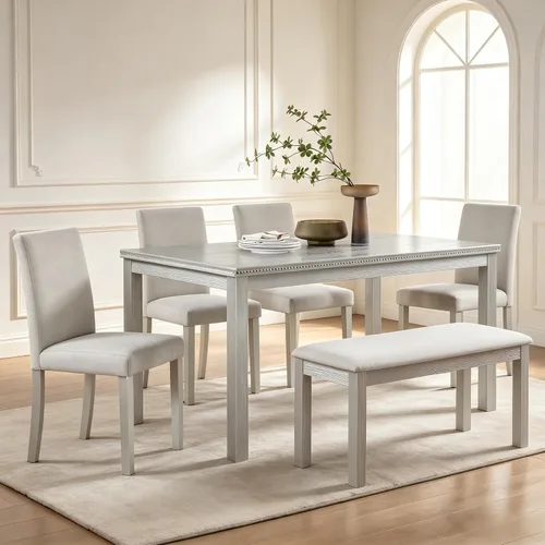 LUMISOL - Juego de mesa de comedor de madera maciza con 4 sillas tapizadas y banco para cocina, comedor, sala de estar, gris plateado