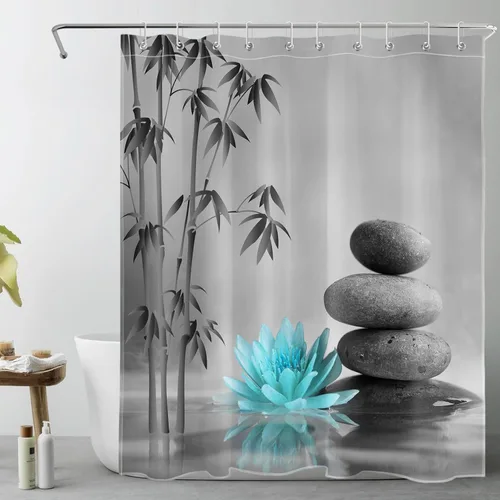 Miniatura 20 de LB Cortina de ducha de spa Zen azul y gris, piedra de bambú gris con flor de lirio de agua azul, cortina de ducha moderna para spa, decoración