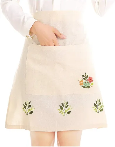 Love Potato Delantal de té beige bordado a la moda, delantales de media cintura para mujeres con bolsillo, 22.4 x 21.2 pulgadas