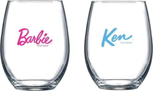 Barbie and Ken - Copas de vino sin tallo, color rosa intenso y azul, con logotipo de Barbie, copas de cóctel de 17 onzas, paquete de 2