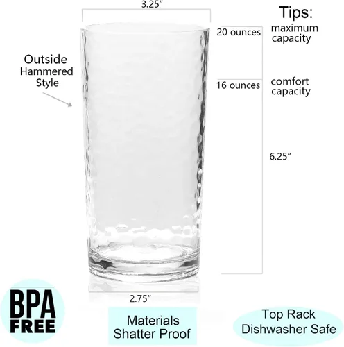 Miniatura 2 de KX-WARE Vasos acrílicos de plástico de 20 onzas, juego de 6 unidades, transparentes, estilo martillado, apto para lavavajillas, sin BPA Transparente