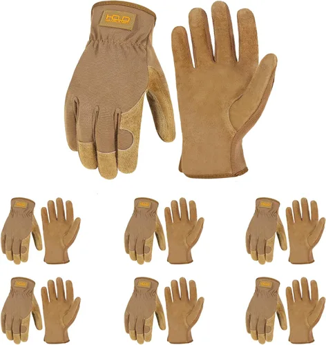 Miniatura 18 de HANDLANDY Guantes de jardinería de cuero para hombre, guantes de trabajo utilitarios para mecánicos, construcción, conductor 3 pares amarillo
