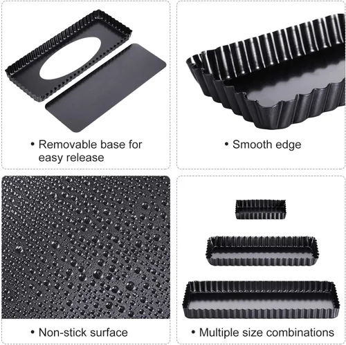 Miniatura 5 de Boao 3 sartenes rectangulares para quiche de 14, 10 y 4 pulgadas, antiadherentes, con parte inferior suelta extraíble, bordes acanalados para tartas