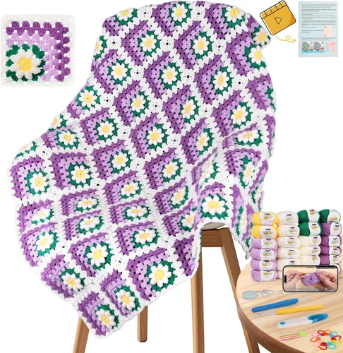 Miniatura 12 de Kit de Ganchillo Coopay para Principiantes para Manta, Kit de Ganchillo de Cuadrados de Abuela con Instrucciones y Suficiente Hilo, Juego Completo