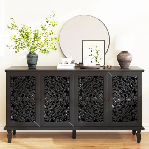 Miniatura 9 de Aparador de buffet Credenzas para sala de estar, mesa de entrada de 60 pulgadas con gabinete de almacenamiento, puertas huecas talladas, negro Azul