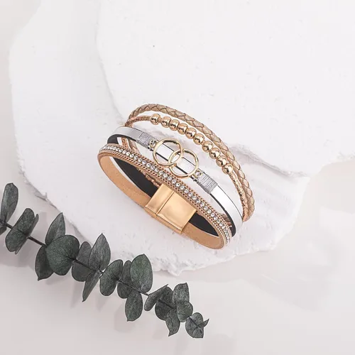 Miniatura 6 de FANCY SHINY Pulseras bohemias de cuero con cuentas doradas para mujer, apilables con cierre magnético