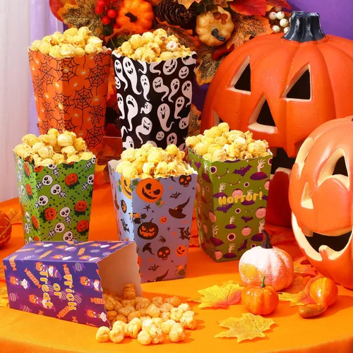 Miniatura 3 de Roshtia 24 cajas de palomitas de maíz de Halloween, 6 diseños de bolsas de palomitas de maíz, cajas de dulces para golosinas para aperitivos, bolsas