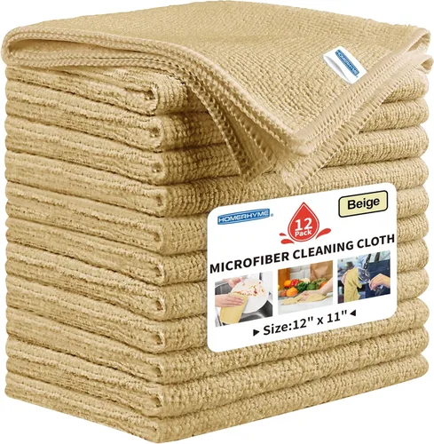 Paño de limpieza de microfibra, paquete de 12 trapos de limpieza Biege, paños de limpieza de 12 x 11 pulgadas, paños de lavado sin pelusas, toallas