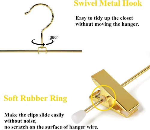 Miniatura 4 de Amber Home Paquete de 10 perchas de metal dorado brillante de 12 pulgadas para pantalones, resistentes para pantalones con 2 clips antideslizantes