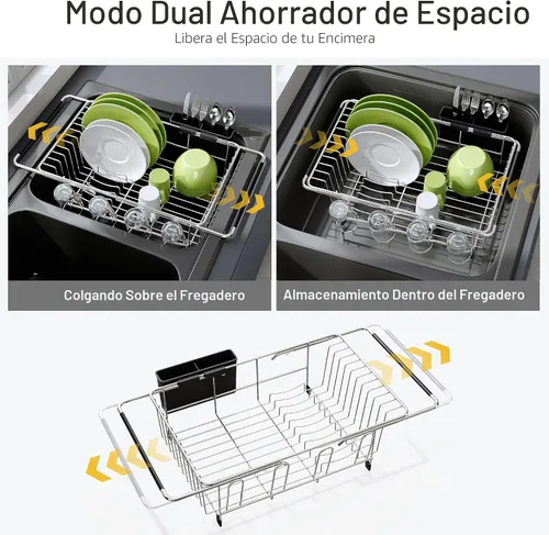 Miniatura 2 de JASIWAY - Escurridor extensible de acero inoxidable para usar sobre fregadero, encimera de cocina y dentro del fregadero, con portautensilios