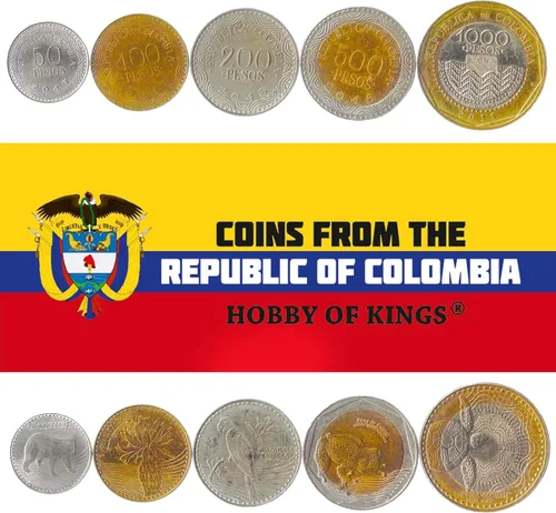 5 Coins de Colombia | Colección de Monedas Colombianas 50 100 200 500 1000 Pesos | Circulado 2012-2021 | Frailejon | Oso | Rana de Cristal |