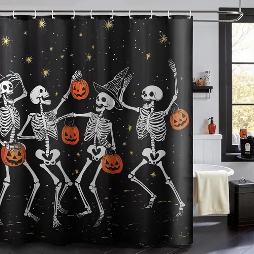 Miniatura 5 de Cortina de ducha de Halloween: fantasmas bailarines espeluznantes con calabazas, juego de cortina de ducha de Halloween con ganchos, decoración