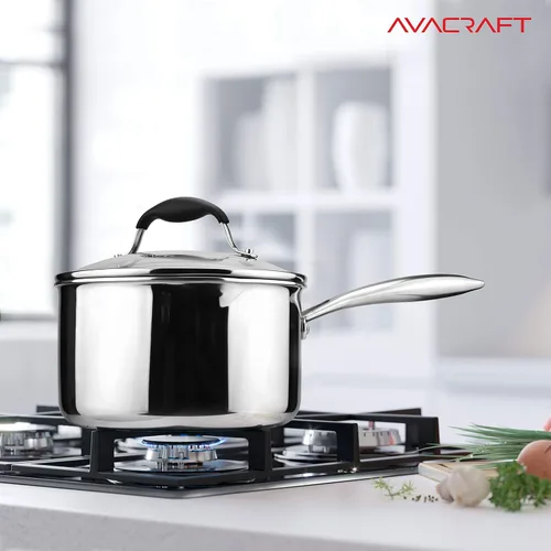 Miniatura 5 de AVACRAFT Cacerola de acero inoxidable de tres capas con tapa coladora de vidrio, dos picos vertedores laterales, mango ergonómico, cacerola