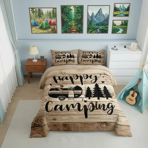 Miniatura 29 de Happy Camping - Juego de edredón de 3 piezas, tamaño Queen, retro, azul, rojo, blanco, rayas de madera, para niños, adolescentes, adultos, Multi 19