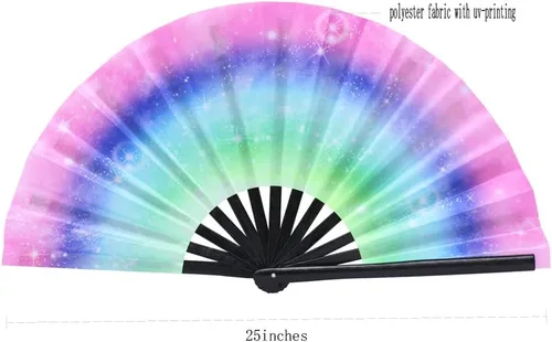Miniatura 35 de HeyToo Ventilador de mano grande para mujeres/hombres, con brillo UV, para Drag Queen, cosplay, EDM, club, fiesta, música, festival, baile, Cuadrado