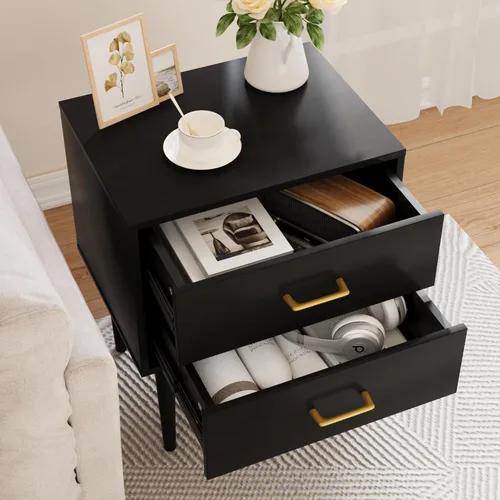 Miniatura 4 de Mesita de noche negra con 2 cajones, mesita de noche alta y moderna negra, mesitas de noche de madera para dormitorio, mesa auxiliar de cama, mesa
