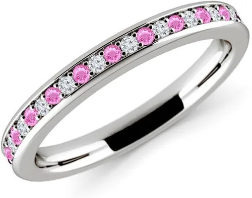 Miniatura 2 de Anillo de boda alternativo de zafiro rosa y diamante blanco para mujer, acabado de oro de 14 quilates, anillo de aniversario de media eternidad