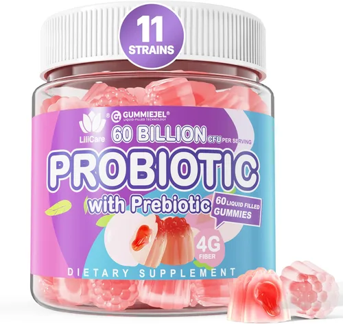 Gomitas probióticas de 60 mil millones de UFC para mujeres, hombres y niños, 11 cepas de probióticos + fibra de prebióticos orgánicos para inmune,