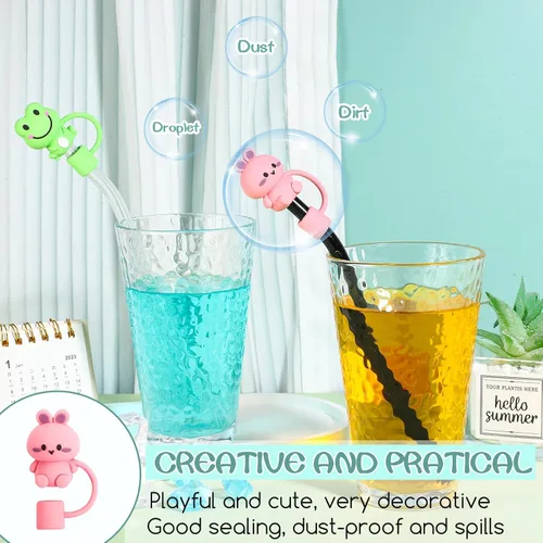 Miniatura 4 de 8 piezas de cubiertas de pajita con forma de animales, tapa de silicona para popote para vaso Stanley de 30 y 40 oz, lindas tapas de pajita