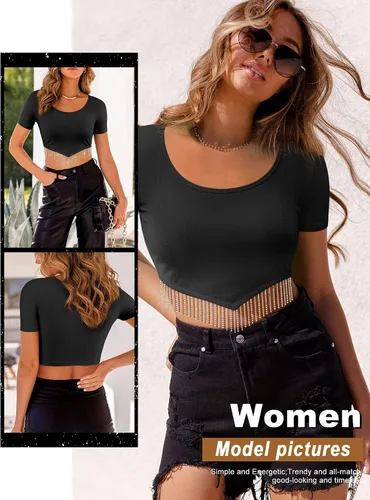 Miniatura 3 de Dresswel Nashville - Blusa corta brillante de manga corta con flecos de diamantes de imitación para verano, blusa corta con borlas y purpurina