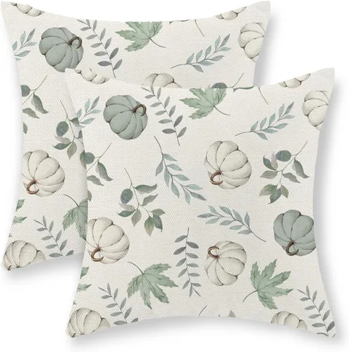 Juego de 2 fundas de almohada de otoño de 16 x 16 pulgadas, diseño de calabaza y hoja de arce, fundas de almohada decorativas de lino para otoño,