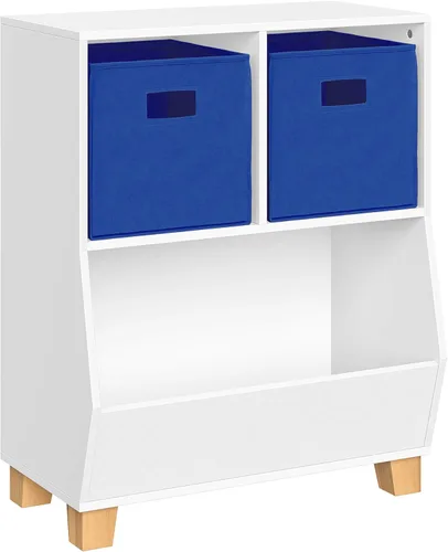 RiverRidge Estantería organizadora de juguetes para niños con 2 cubículos, 2 contenedores plegables de tela azul y espacioso, organizador de Blanco