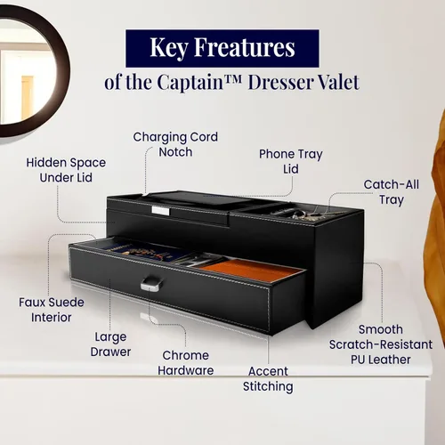 Miniatura 4 de HOUNDSBAY Captain Dresser & Nightstand Valet Organizador Caja de almacenamiento con Catchall y estación de carga (negro)