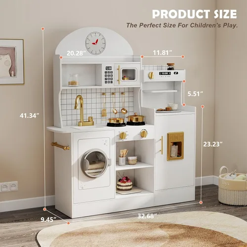 Miniatura 2 de JOYLDIAS Cocina moderna de madera, juego de cocina de juguete para niños pequeños con lavadora, refrigerador, microondas, horno, cafetera, luces