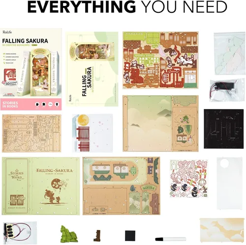 Miniatura 8 de Rolife - Kit de manualidades para rincón de lectura Falling Sakura, kit de manualidades para rincón de libros en miniatura, estante decorativo 3D