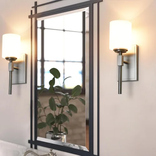Miniatura 9 de Aplique de pared de 1 luz, elegante iluminación de pared en níquel cepillado, 1 luz de transición para tocador de baño con pantalla de vidrio opal