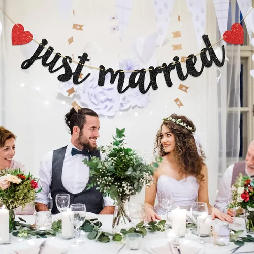 Miniatura 6 de Cartel de Just Married – Cartel de boda – Decoración de despedida de soltera de boda (negro y rojo)