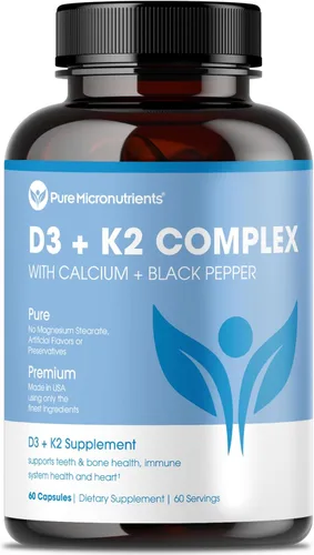 Pure Micronutrients Suplemento de vitamina D3 K2 | MK7 100mcg, D3 5000 iu, calcio + bioperina | Salud muscular y ósea, corazón, inmunidad y apoyo