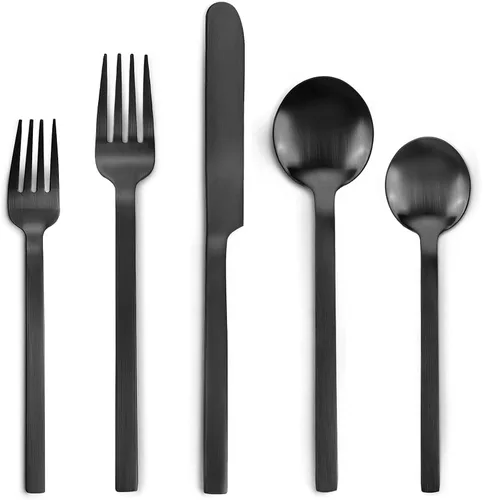 Juego de cubiertos negros de 20 piezas para 4 personas, juego de utensilios de cocina de acero inoxidable, cucharas y tenedores, acabado mate, apto