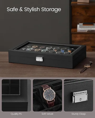 Miniatura 19 de SONGMICS 24 organizador y exhibidor negro de calidad superior, de vidrio, con funda para reloj, de piel sintética UJWB024