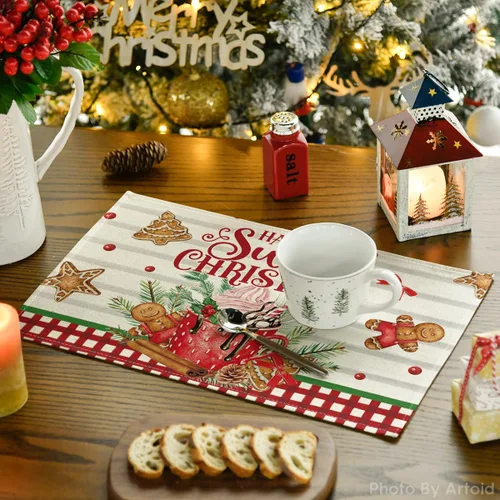 Miniatura 3 de Artoid Mode Juego de 4 manteles individuales de Navidad con helado de jengibre, 12 x 18 pulgadas, para decoración de fiestas, cocina, comedor