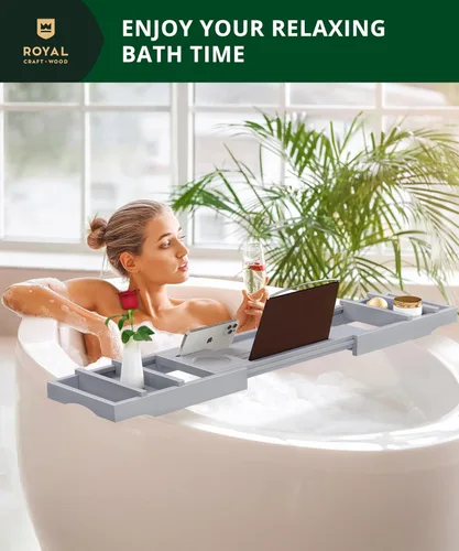Miniatura 8 de Royal Craft - Bandeja de bambú para bañera con soporte para libro y vino Gris