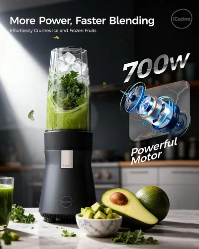 Miniatura 2 de iCucina Licuadora de batidos, licuadora personal para batidos y batidos, tecnología de pulso de 700 W, licuadoras de una sola porción con 2 vasos