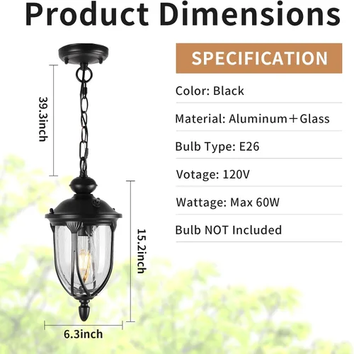 Miniatura 2 de JYZ Farol Colgante Vintage para Exteriores de Anochecer a Amanecer, Lámpara Colgante Exterior Rústica de 15 Pulgadas con Vidrio Granulado