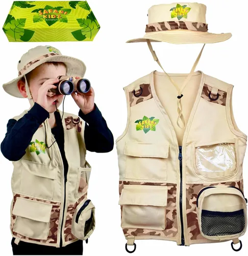 Miniatura 4 de Safari Kidz - Kit de explorador al aire libre, juego de chaleco y sombrero de camuflaje bronceado, aventuras de la naturaleza en el patio trasero