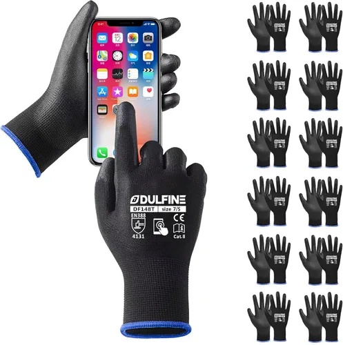 Miniatura 8 de DULFINE Guantes de trabajo de seguridad con revestimiento de poliuretano para hombres y mujeres - 12 pares, guante de punto sin costuras negro