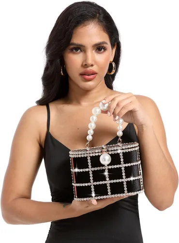 Miniatura 8 de Boutique De FGG Elegant Evening Handbag with Pearl Rhinestone Bucket Bag Crystal Clutch Purses for Wedding Party Small Tote
