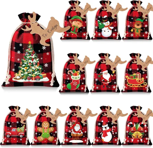 Miniatura 7 de Shappy 48 bolsas de Navidad con cordón, bolsas de arpillera a cuadros Buffalo de Navidad, bolsas de lino para golosinas, sacos para regalos