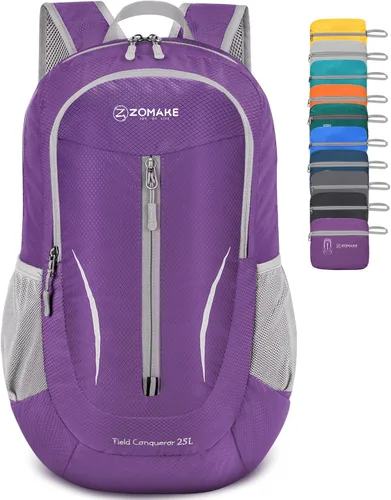 ZOMAKE Mochila Empacable Ultraligera de 25L, Mochilas de Senderismo Plegables Resistentes al Agua Mochila Diurna Plegable Pequeña para Viajes Púrpura