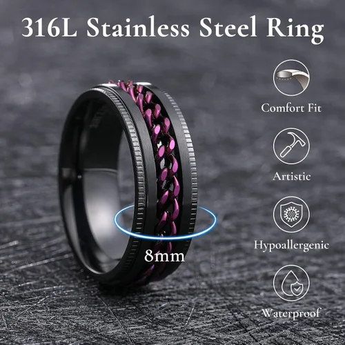 Miniatura 92 de King Will - Anillo antiestrés de acero inoxidable 316L para hombres y mujeres, con cadena decorativa giratoria, 8 mm de ancho, anillo de boda
