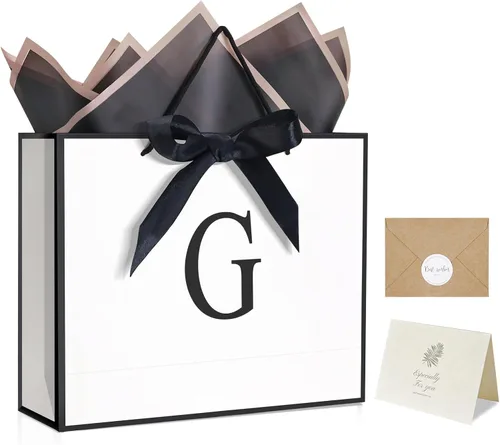 Miniatura 20 de QLSKO - Bolsa de regalo con monograma personalizada, bolsa de papel con inicial personalizada con tarjeta, sobre a juego, cinta con lazo y papel